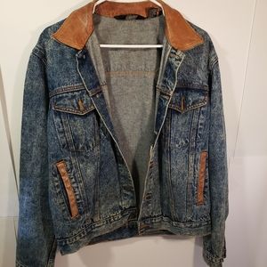 Blues Mens Vintage Jean Jacket Leather Mediun Brown Blue Style Denim